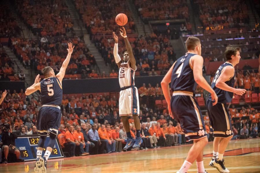 Illinois guard Kendrick Nunn takes a 3-pointer during the Illinis loss to Notre Dame on Dec. 1 at State Farm Center.