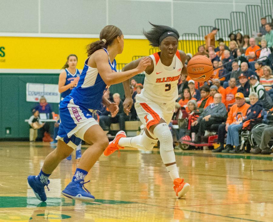 Guard Cierra Rice sprints up the court during the game against Tennessee State at Parkland College on Tuesday, Nov. 24. Illinois won 98-43.