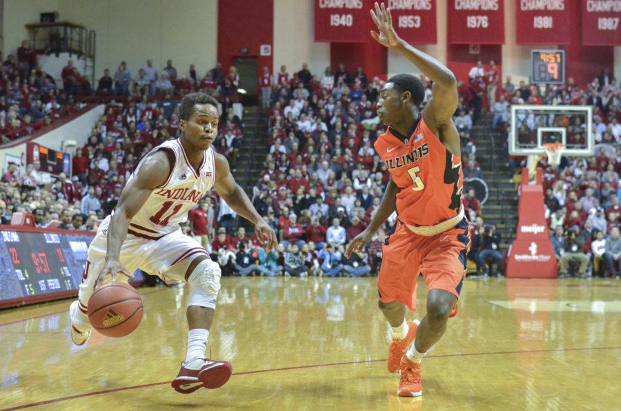 Senior guard Kevin Yogi Ferrell takes the ball down the court against Illinois on Tuesday at Assembly Hall. The Hoosiers won 103-69.
