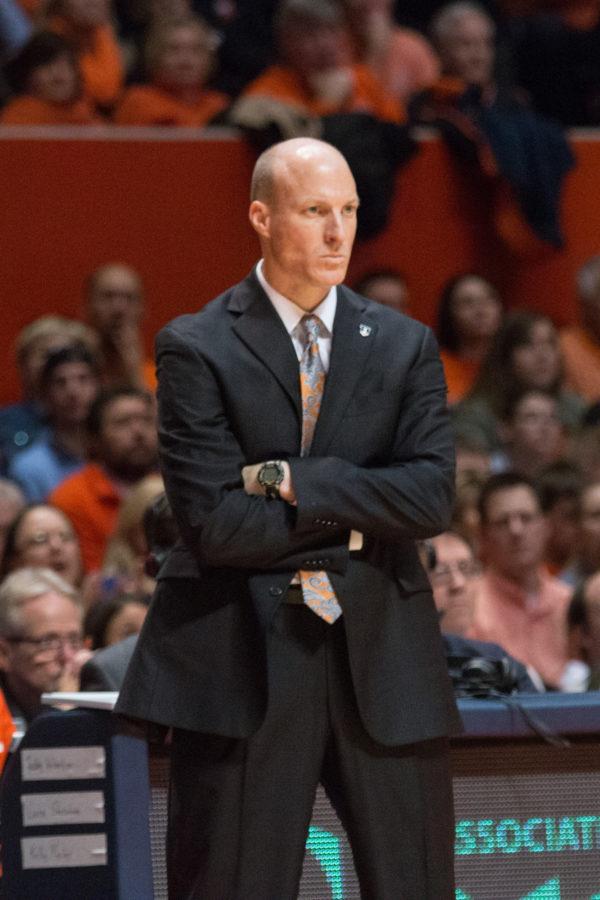 Illinois' head coach John Groce watches his team as Nebraska goes on a 17-2 run to go up by 10 points late in the first half during the Illini's 78-67 loss to the Huskers at State Farm Center on Saturday, January 16.