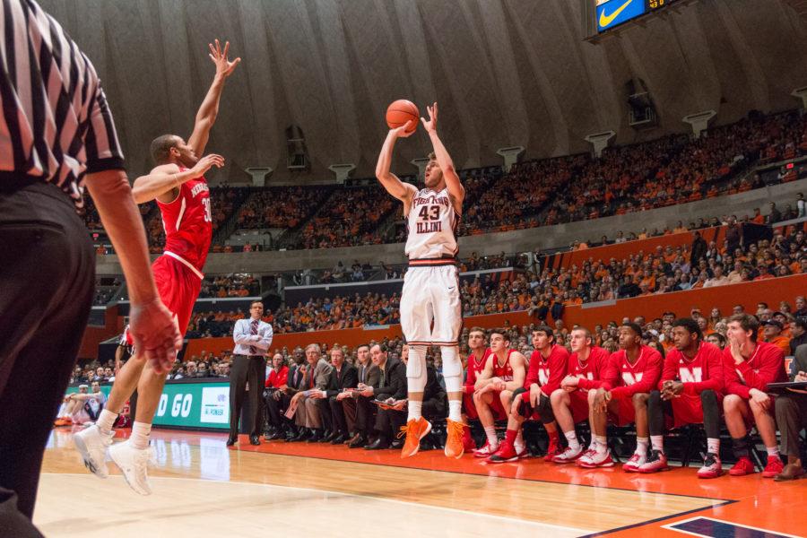 Illinois Michael Finke shoots a 3-pointer during the Illinis 78-67 loss to the Huskers at State Farm Center on Saturday, January 16.