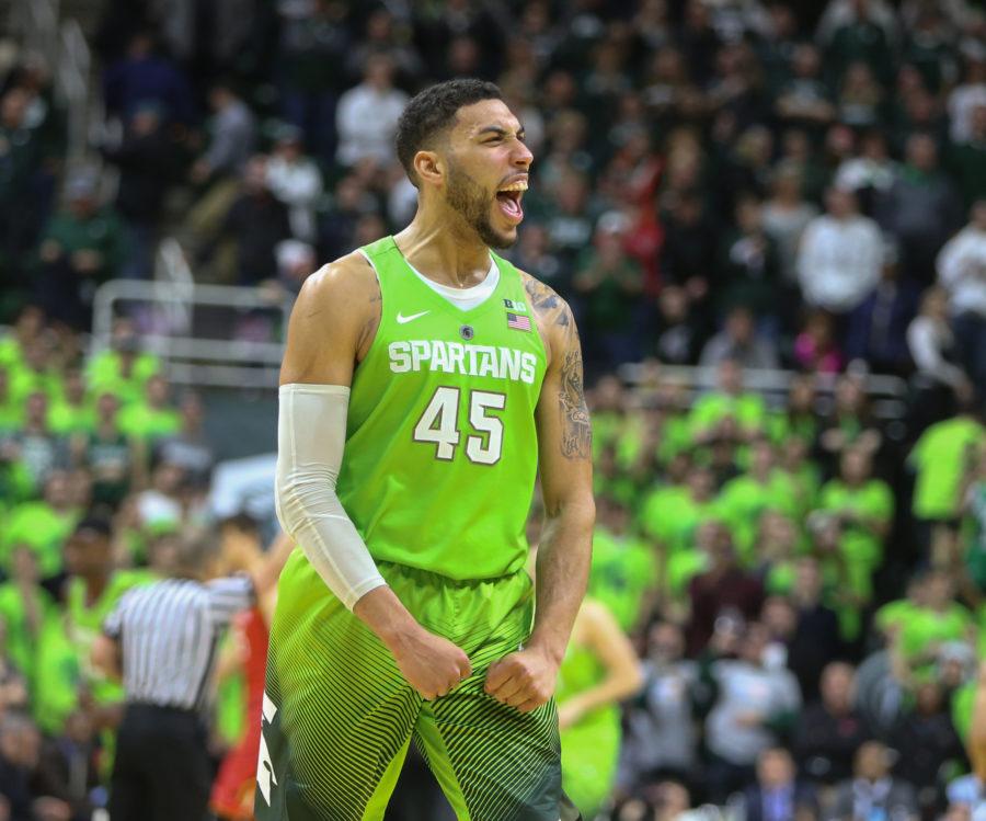 Michigan States Denzel Valentine celebrates after a 74-65 win against Maryland on Saturday, Jan. 23, 2016, at the Breslin Center in East Lansing, Mich. (Kirthmon F. Dozier/Detroit Free Press/TNS)