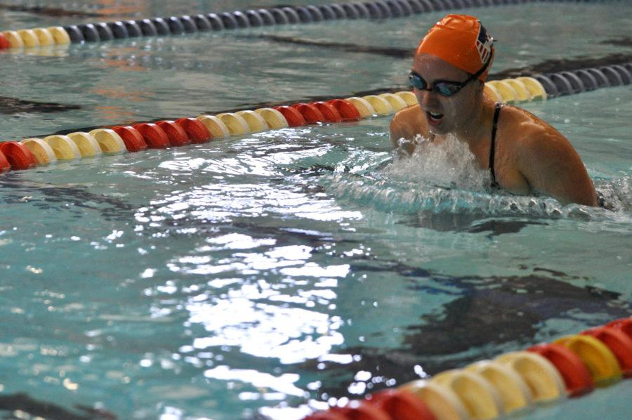 Stephanie Hein, senior, swims the breaststroke in the 400 yard IM at the Fighting Illini Dual Meet Spectacular in the ARC Pool on October 16, 2015.