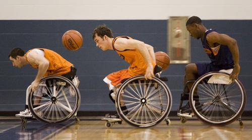 Wheelchair basketball player and Team USA captain Steve Serio (left) as a junior on Illinois wheelchair basketball team. Serio, Will Waller (not pictured) and Brian Bell (right, as a freshman at Illinois) have qualified for Team USA for the 2016 Rio Paralympics. Also pictured is Tom Smurr, an Illinois freshman at the time.