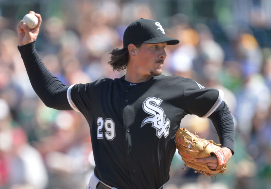 Chicago White Sox pitcher Jeff Samardzija delivers a pitch during the first inning of their spring training game against the Oakland Athletics on Sunday, at Hohokam Stadium in Mesa, Ariz. 