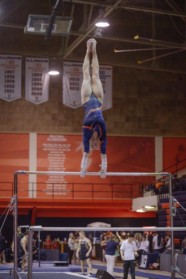 Illinois’ Mary Jane Horth performs a routine on the uneven parallel bars during the meet against Minnesota on Saturday.