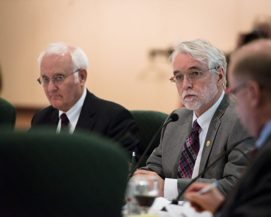 President-elect Timothy L. Killeen listens intently during the board of trustees meeting at the Illini Union on Thursday.