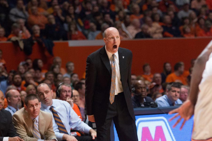 Illinois head coach John Groce yells instructions at his team during the Illinis 78-67 loss to Nebraska at State Farm Center earlier this season.
