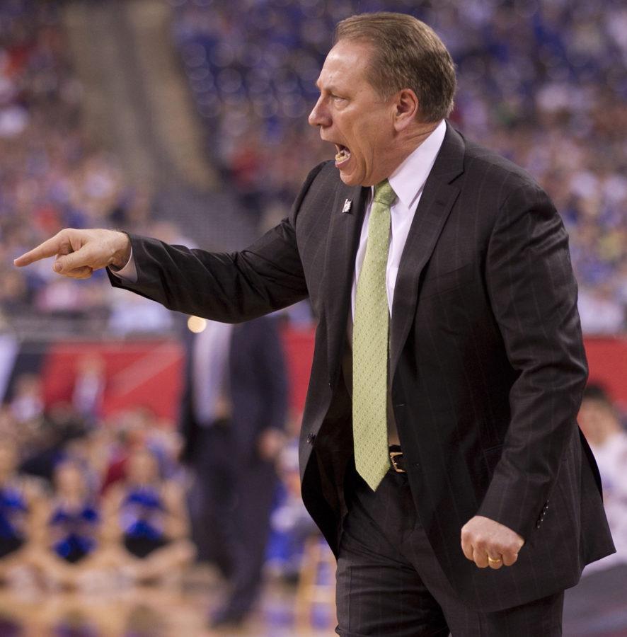 Michigan State head coach Tom Izzo reacts to a foul called against his team during the first half against Duke in the NCAA Tournament national semifinal at Lucas Oil Stadium in Indianapolis on Saturday, April 4, 2015. Duke advanced, 81-61. (Robert Willett/Raleigh News &amp; Observer/TNS)