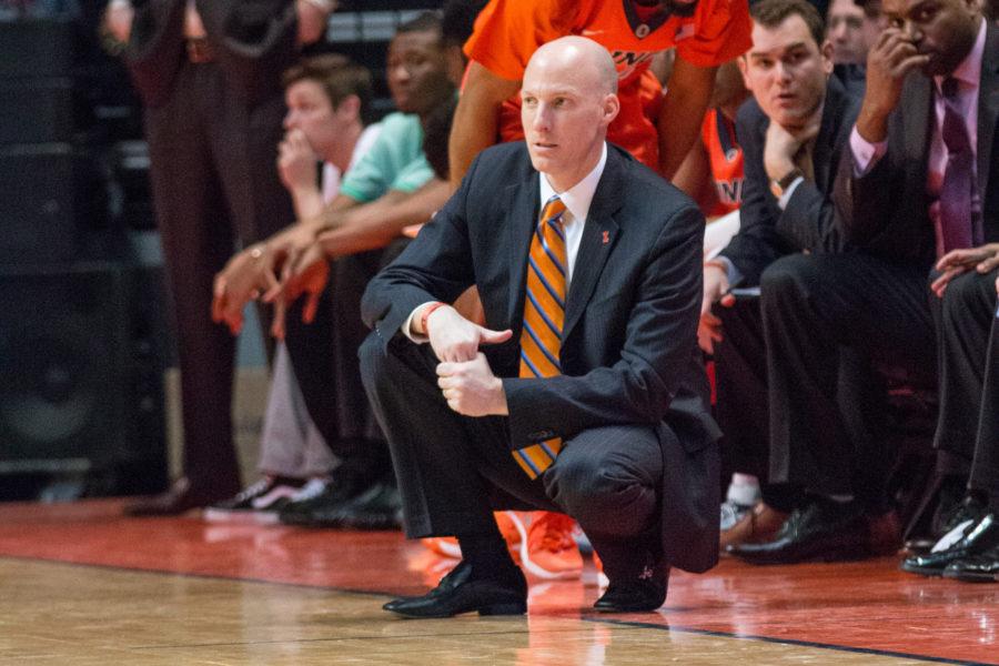 Illinois head coach John Groce watches his team from the sidelines during the game against Iowa at the State Farm Center on February 7. The Illini lost 77-65.