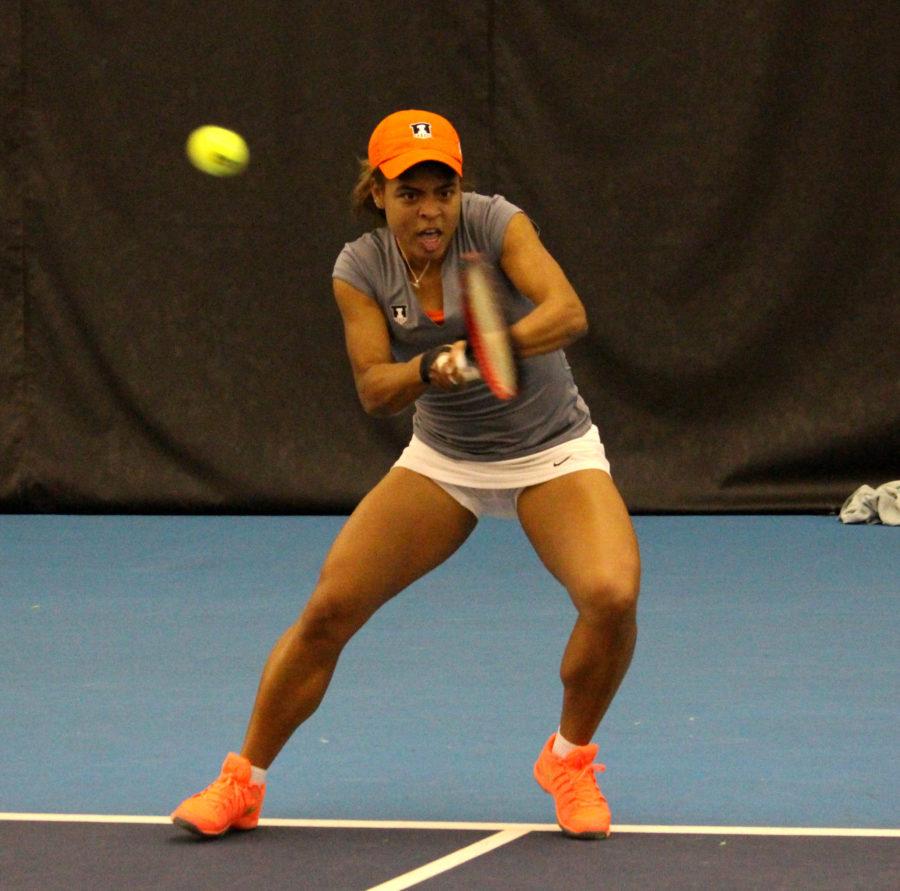 Jerricka Boone getting ready to send the ball back towards Kentucky in the singles matches at the Atkins Tennis Center on February 6, 2016. Kentucky won the match 7-0. 