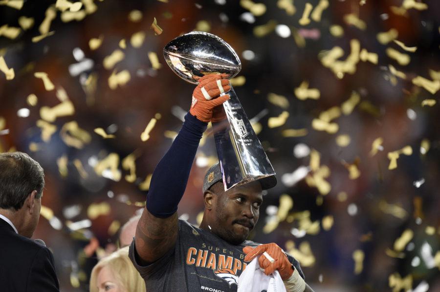 The games Most Valuable Player, Denver Broncos linebacker Von Miller, celebrates as he holds the Vince Lombardi trophy after a 24-10 win against the Carolina Panthers in Super Bowl 50 at Levis Stadium in Santa Clara, Calif., on Sunday, Feb. 7, 2016. (Jose Carlos Fajardo/Bay Area News Group/TNS)