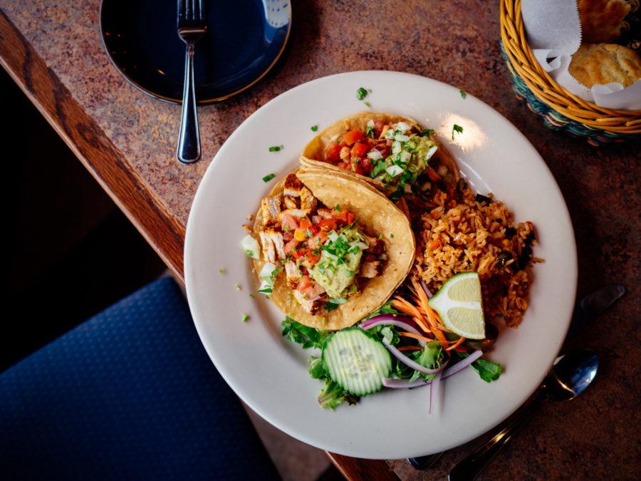 Grilled pork taco, spanish rice and mixed greens at the Escobars restaurant.