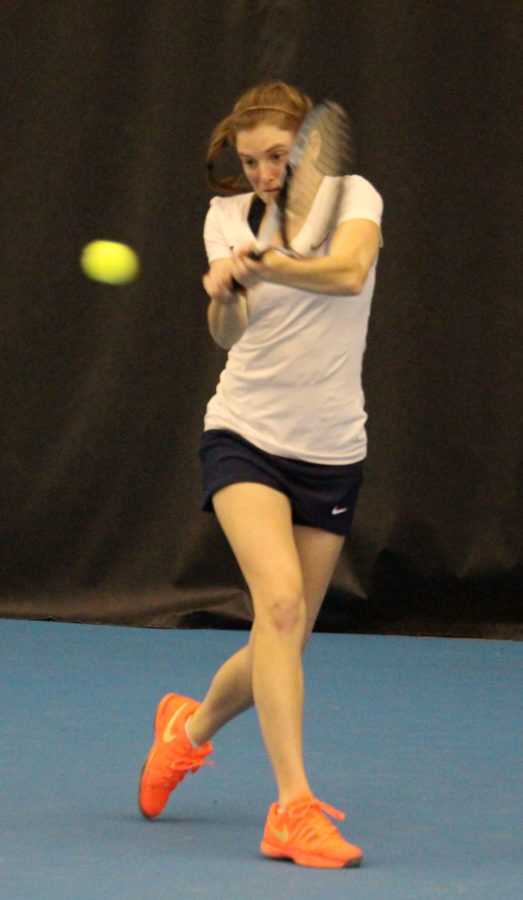Alexis Casati rallys back the ball at the Atkins Tennis Center on February 13, 2016. Illini beat South Florida 5-2
