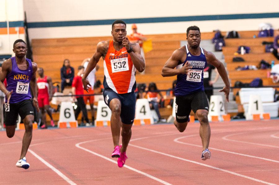 Illinois Molefi Maat runs the 60 meter dash during the Orange and Blue meet on Saturday, February 20, 2016. Molefi won the 60 meter dash with a time of 6.84 seconds.