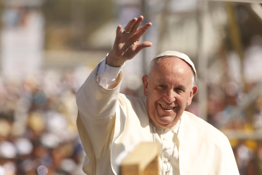 Pope Francis waves to pilgrims at the Municipal Sports Center in San Cristobal de las Casas, Mexico, where he conducts a Holy Mass with the indigenous community of Chiapas on Monday, Feb. 15, 2016. (Genaro Molina/Los Angeles Times/TNS)