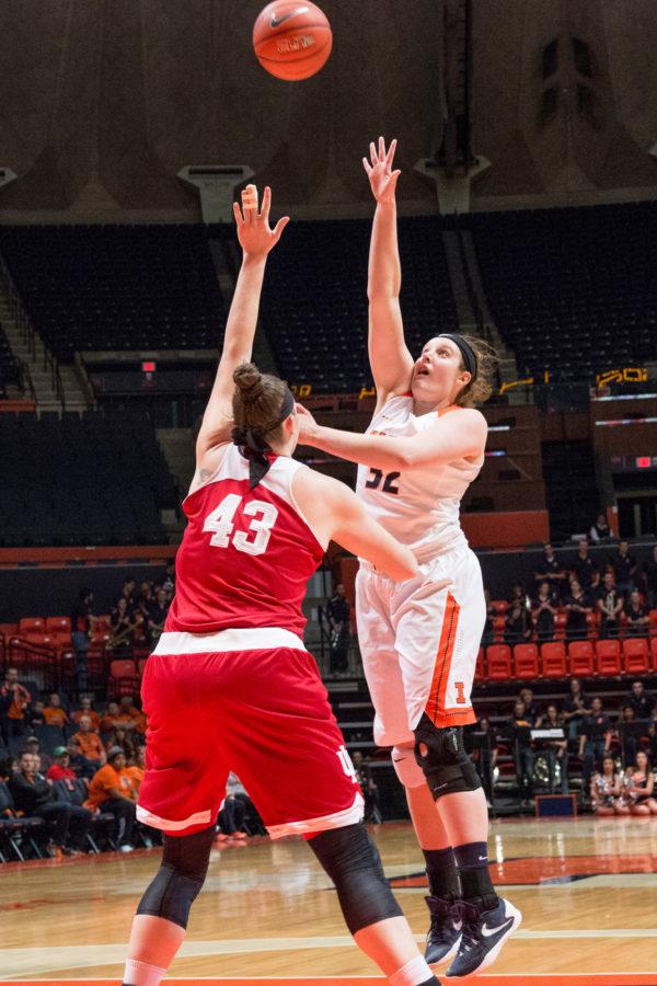 Illinois Chatrice White shoots a hook shot during the game against Indiana at the State Farm Center on Feb. 10. The Illini lost 70-68.