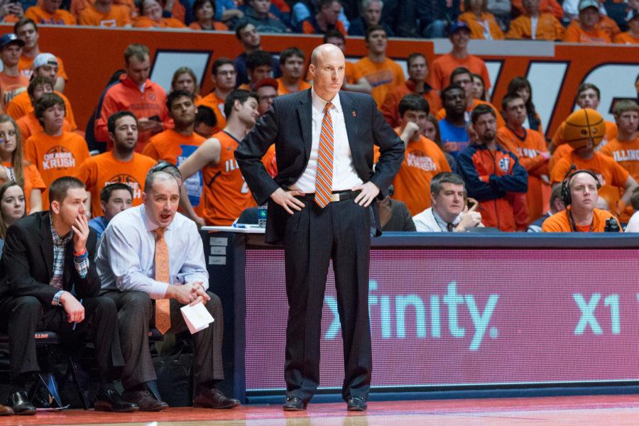 Illinois+head+coach+John+Groce+watches+his+team+from+the+sidelines+during+the+game+against+Rutgers+at+the+State+Farm+Center+on+February+17.+The+Illini+won+82-66.