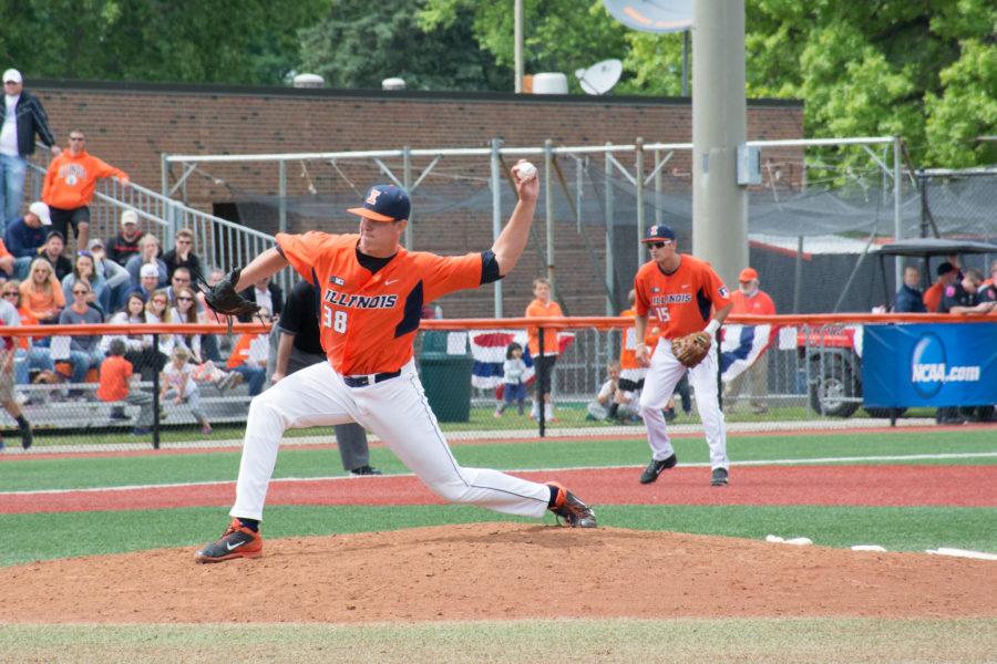 Illini+pitcher+J.D.+Nielsen+during+Illinois+victory+over+Wright+State+at+Illinois+field+on+June+1.