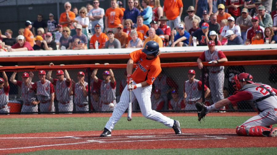 Illinois+David+Kerian+%2812%29+attempts+to+make+contact+with+the+ball+during+the+baseball+game+v.+Indiana+at+Illinois+Field+on+Saturday%2C+Apr.+18%2C+2015.+Illinois+won+6-3.