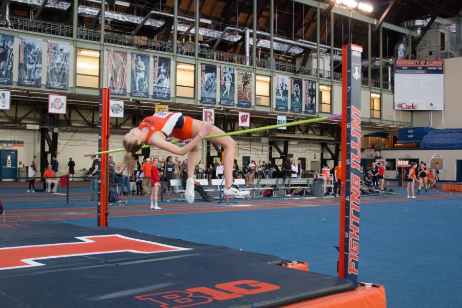 Illinois Kandie Bloch-Jones (Jr.) attempts the high jump during the Orange&Blue Meet at Armory on Saturday, Feb. 20, 2016.