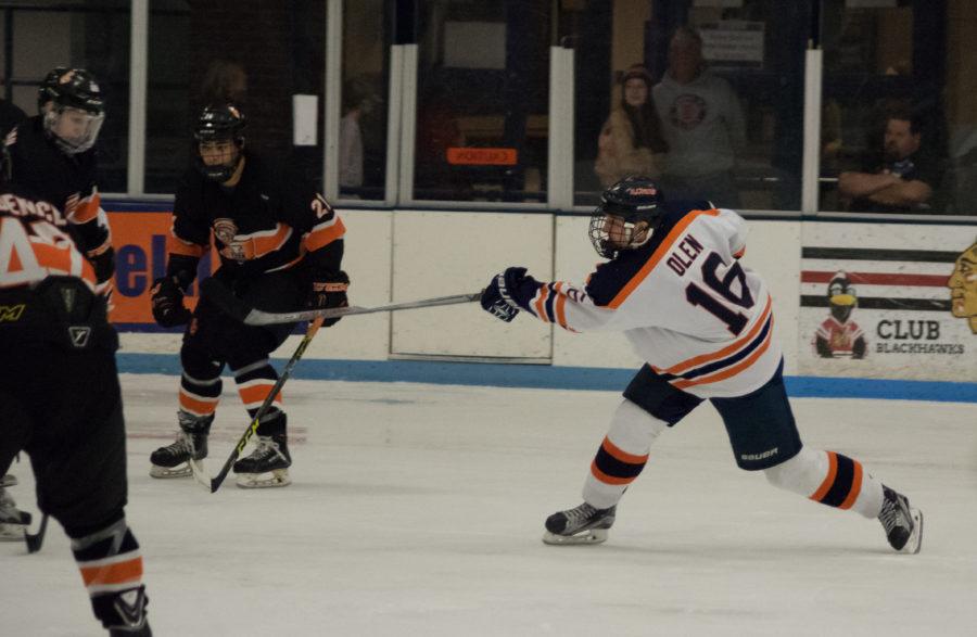 Illinois John Olen shoots the puck at the game against Indiana Tech on Saturday, February 27, 2016.