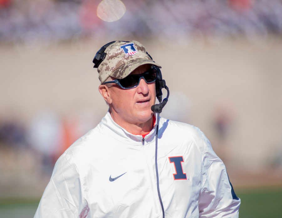 Interim head coach Bill Cubit looks looks on from the sidelines during the game against Ohio State at Memorial Stadium on Saturday, Nov. 14. Illinois lost 28-3.