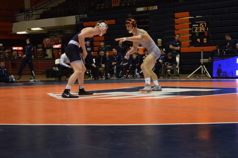 Illinois+Isaiah+Martinez+starting+off+strong+against+Penn+States+Jason+Nolf+during+the+wrestling+match+vs.+Penn+State+at+Huff+Hall+on+Saturday+January+23%2C+2016.+The+Illini+lost+19-1.