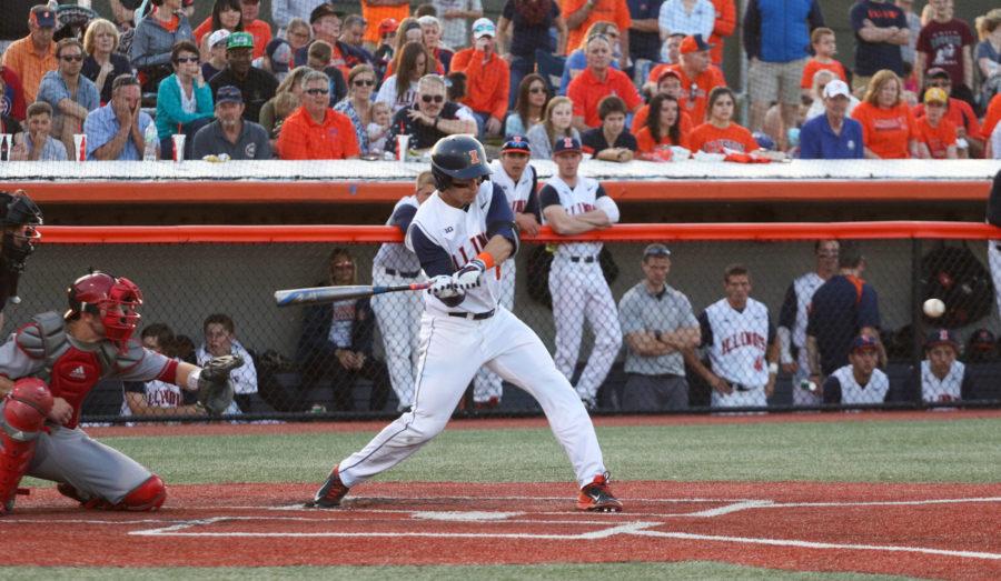 Illinois Adam Walton (6) lines up for the swing during the baseball game v. Indiana at Illinois Field on Friday, Apr. 17, 2015. Illinois won 5-1.