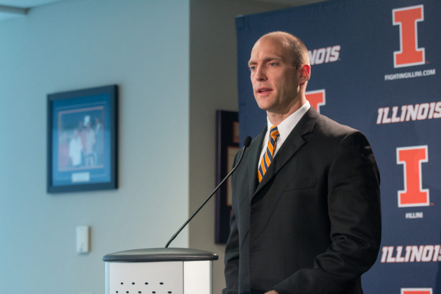 Illinois+athletic+director+Josh+Whitman+speaks+at+the+press+conference+regarding+the+dismissal+of+head+football+coach+Bill+Cubit.