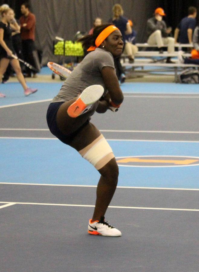 Ines Vias does a powerful one handed rally at the Atkins Tennis Center on Febrary 26, 2016 against Northwestern. Illini lost 3-4.