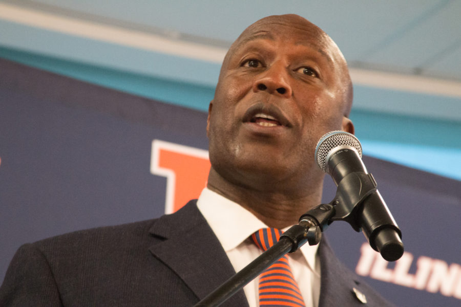 Lovie Smith responds to questions at the press conference on Monday, March 7, 2016.