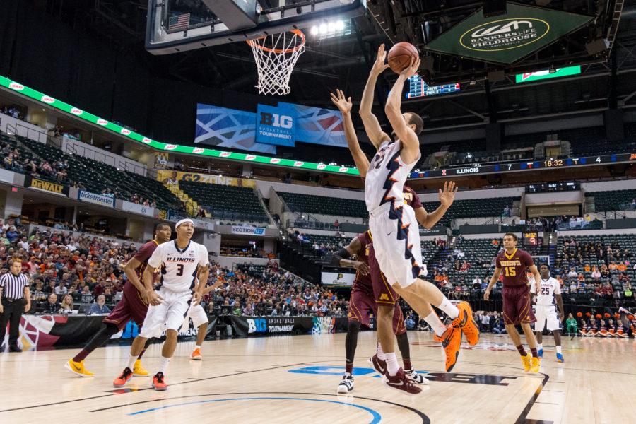 Four Illini scored in double digits and Maverick Morgan (22) add nine in Illinois basketballs 85-52 win over Minnesota in the first round of the Big Ten Tournament.