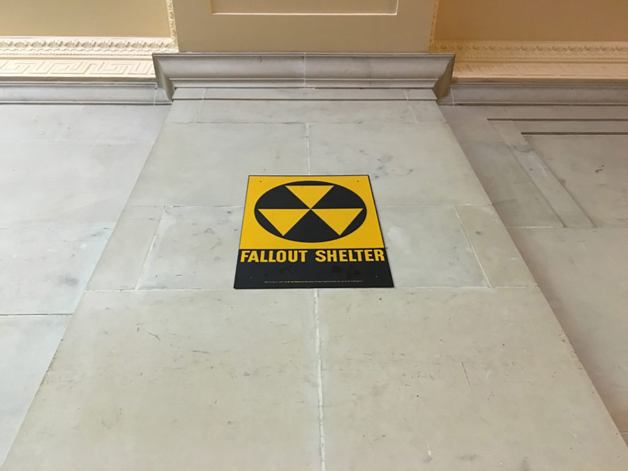 Located in the center entrance of the Natural Resources Building, the fallout shelter reads below: “NOT TO BE USED WITHOUT DEPARTMENT OF DEFENSE PERMISSION.”

