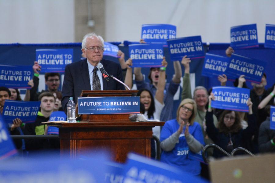 Senator Bernie Sanders addresses a gymnasium full of supporters at his rally in the Activities and Recreation Center on Mar. 12, 2016.