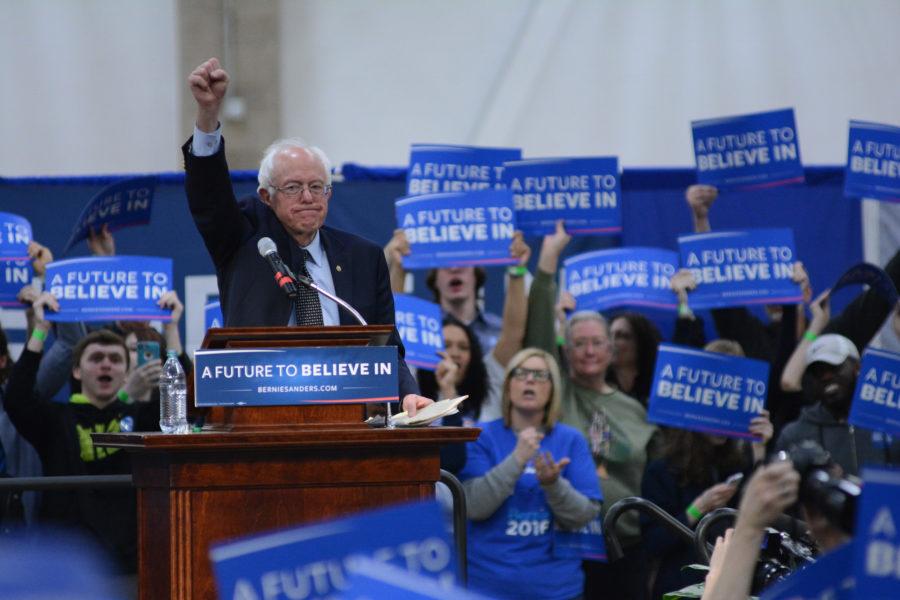 Senator Bernie Sanders addresses a gymnasium full of supporters at his rally in the Activities and Recreation Center on Mar. 12, 2016.