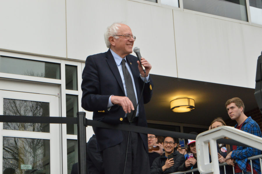 Senator Bernie Sanders speaks to an overflow crowd at his rally at the main entrance of the Activities and Recreation Center on Mar. 12, 2016.