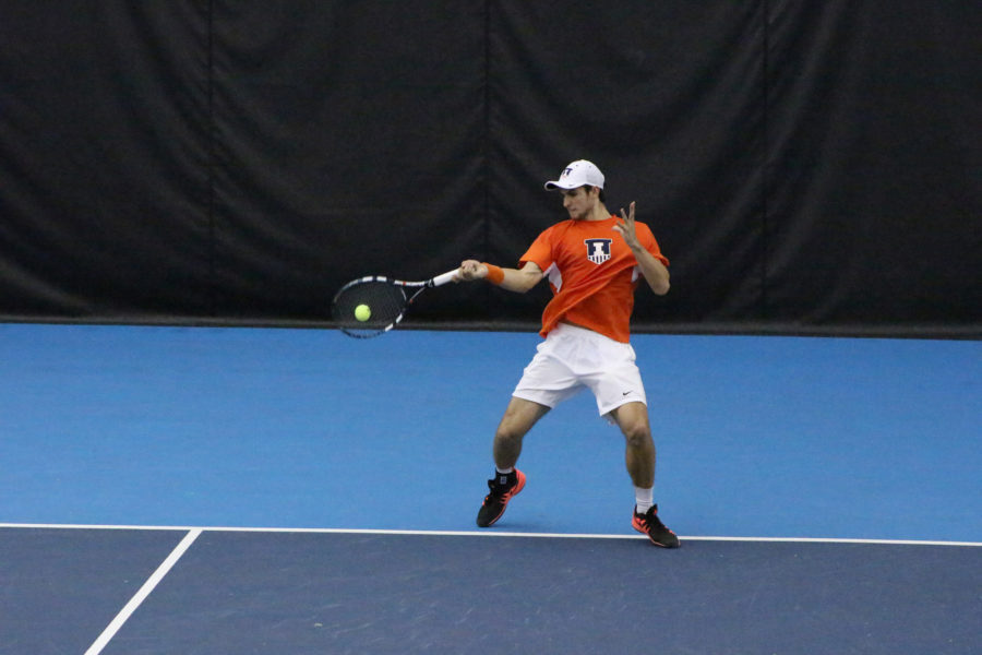 Illinois Aleks Vukic returns the ball in the match against TCU at the Atkins Tennis Center on Sunday, Feb. 28, 2016