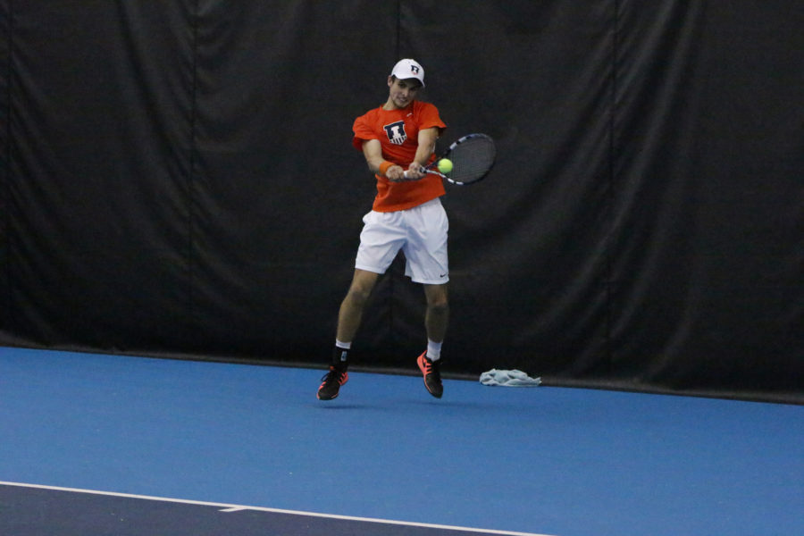 Illinois Aleks Vukic returns the ball in the match against TCU at the Atkins Tennis Center on Sunday, Feb. 28, 2016