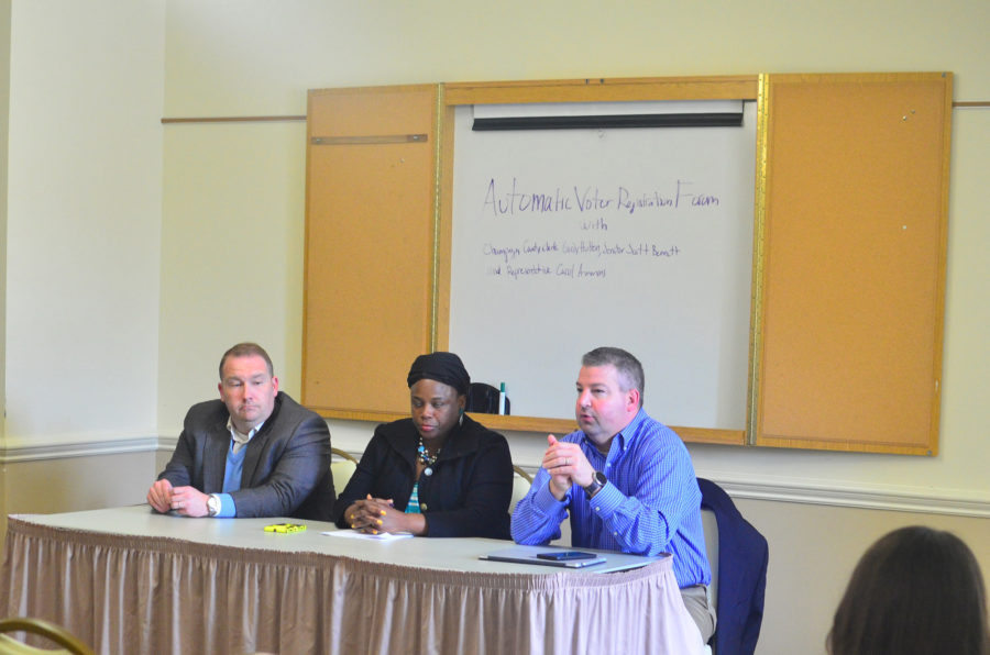 Senator Scott Bennett, Representative Carol Ammons, and Champaign County Clerk Gordy Hulten lead a discussion on the future of Automatic Voter Registration(AVS) in Illinois on Mar. 31. 