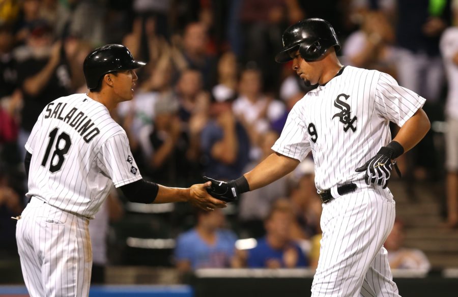The+Chicago+White+Soxs+Tyler+Saladino+%2818%29+and+Jose+Abreu+celebrate+after+scoring+on+a+double+by+teammate+Melky+Cabrera+in+the+fourth+inning+against+the+Los+Angeles+Angels+at+U.S.+Cellular+Field+in+Chicago+on+Tuesday%2C+Aug.+11%2C+2015.+%28Chris+Sweda%2FChicago+Tribune%2FTNS%29