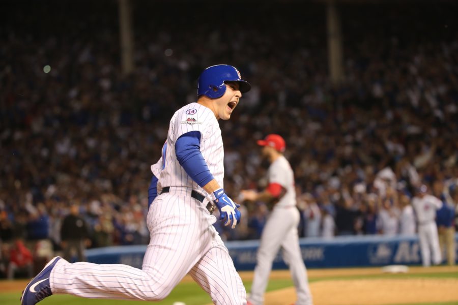 Chicago Cubs first baseman Anthony Rizzo (44) hits a home run during the fifth inning on Monday, Oct. 12, 2015, at Wrigley Field in Chicago. (Nuccio DiNuzzo/Chicago Tribune/TNS)