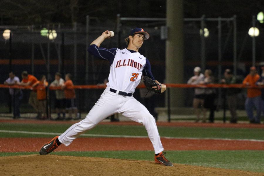 Illinois Cody Sedlock (29) winds up for the pitch during the baseball game v. Indiana at Illinois Field on Friday, Apr. 17, 2015. Illinois won 5-1.