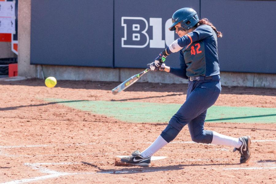Illinois’ Ruby Rivera hits a ground ball to second base during game one of the doubleheader against Nebraska at Eichelberger Field on Saturday, March 26. The Illini won game one 8-3 and game two 10-2.