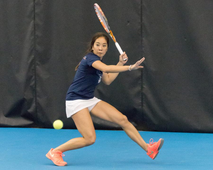 Illinois'  Louise Kwong gets ready to return the ball during her singles match against Purdue's Nicole Robinson during the match at the Atkins Tennis Center on Sunday, April 10. Kwong won her singles match  2-6, 6-1, 6-4, and the team deafeated Purdue 5-2.