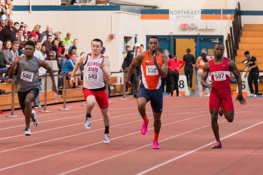 Illinois' Molefi Maat runs the 60 meter dash during the Orange and Blue meet on Saturday, February 20, 2016. Molefi won the 60 meter dash with a time of 6.84 seconds.