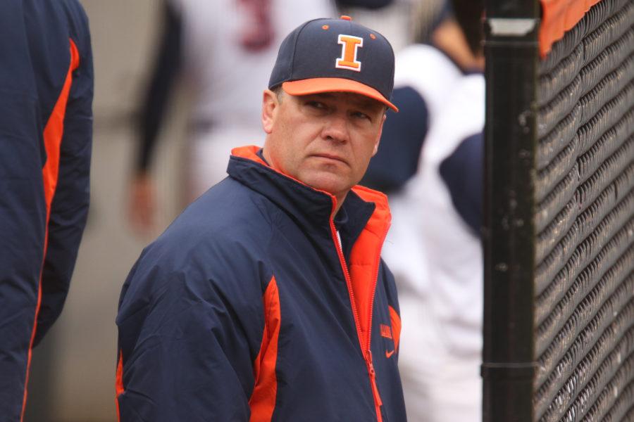 Illinois head coach Dan Hartleb watches on from the dugouts during the game against Lindenwood University at Illinois Field, on Wednesday, March 18, 2015.