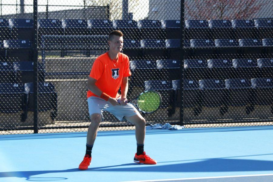 Illinois Brian Page (Sr.) waits to hit the ball back during the game against Michigan State at Atkins Tennis Center on Friday, Apr. 15, 2016. The Illini won 4-0.