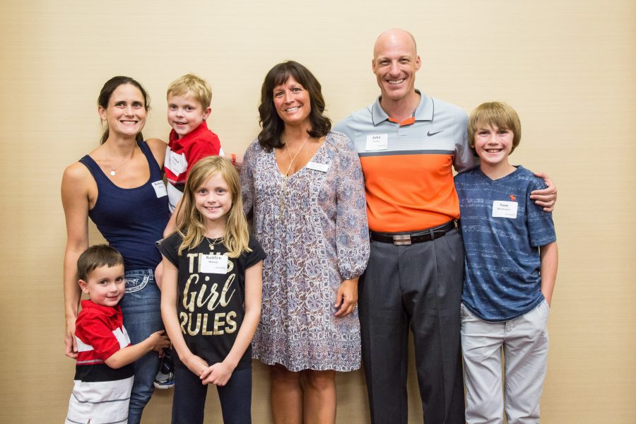 Photo of (from left to right) Logan Wilson, Rebecca Wilson (mother), Landon Wilson (wish child), Kaitlyn Wilson, Allison Groce, John Groce and Sam Mitchaner (wish child) after the Walk & Run for Wishes team building kick-off event held at the Hyatt Place, Champaign on Tuesday, August 25, 2016. The Walk and Run for Wishes event is a fundraiser that celebrates the thousands of granted wishes made by children with life-threatening medical conditions and raises funds for future wishes.