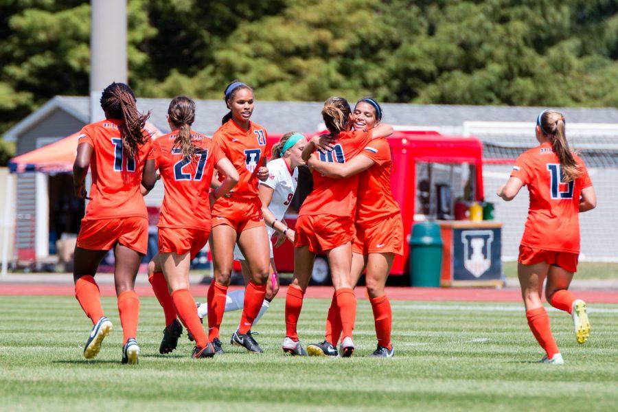 Illinois+Allison+Stucky+%2810%29+gets+a+hug+from+Alicia+Barker+after+scoring+the+only+goal+in+the+game+against+Illinois+State+at+Illnois+Soccer+Stadium+on+Sunday%2C+August+21.+The+Illini+won+1-0.